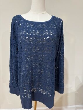 Chico's Navy Blue Crochet Knit Long-Sleeve Top